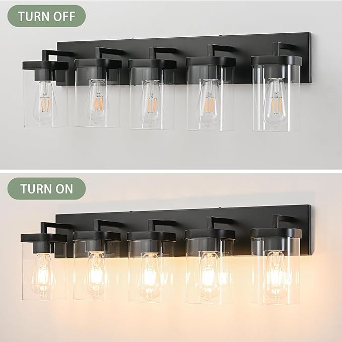 5-Light Bathroom Lighting Fixtures over Mirror, Matte Black Vanity Lights with Square Transparent Glass Shade, Modern Bathroom Vanity Light for Mirror Kitchen, Living Room, Gallery, Hallway