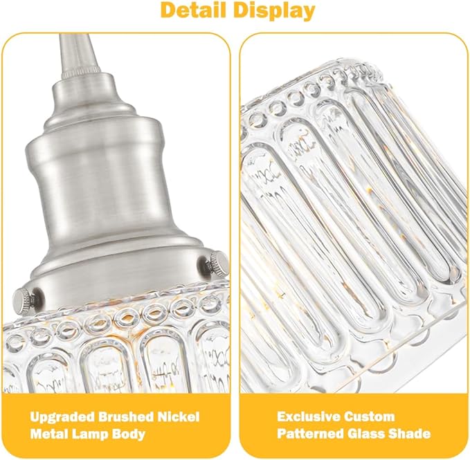 Brushed Nickel Pendant Lights Kitchen Island, Vintage Pendant Light Clear Striped Glass Lmapshade, Rustic Kitchen Pendant Lighting Over Island, Adjustable Hanging Light for Dining Room Hallway