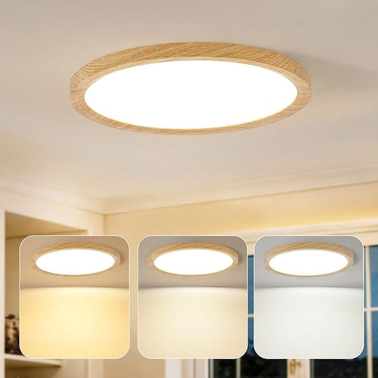Kimjo 12 Inch 24W Modern Flush Mount Ceiling Light, 3 Color Temperature Wood Grain Flat Ceiling Light Fixture Led Light for Bedroom Kitchen Bathroom Hallway