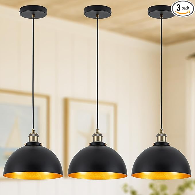 9.84" Modern Industrial Black Pendant Lights Farmhouse Dome Black Gold Pendant Lighting Fixture Vintage Golden Pendant Light for Kitchen, Dining Room, Bedroom, Hallway, Living Room, Set of 3