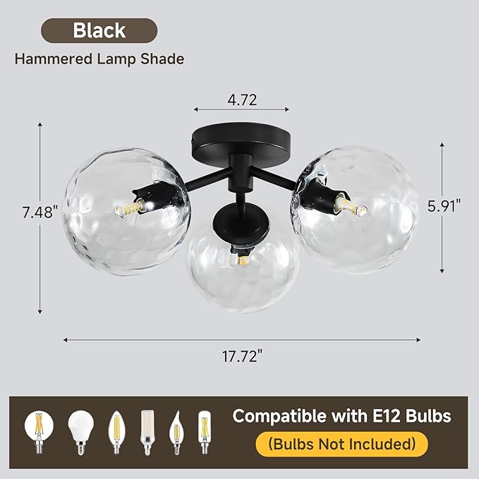 Black Globe Semi Flush Mount Ceiling Light Mid Century Modern Globes Hammered Clear Glass Ceiling Light Fixture Linear Sputnik Brushed Brass Chandelier for Bedroom Living Room Entryway Dining Room