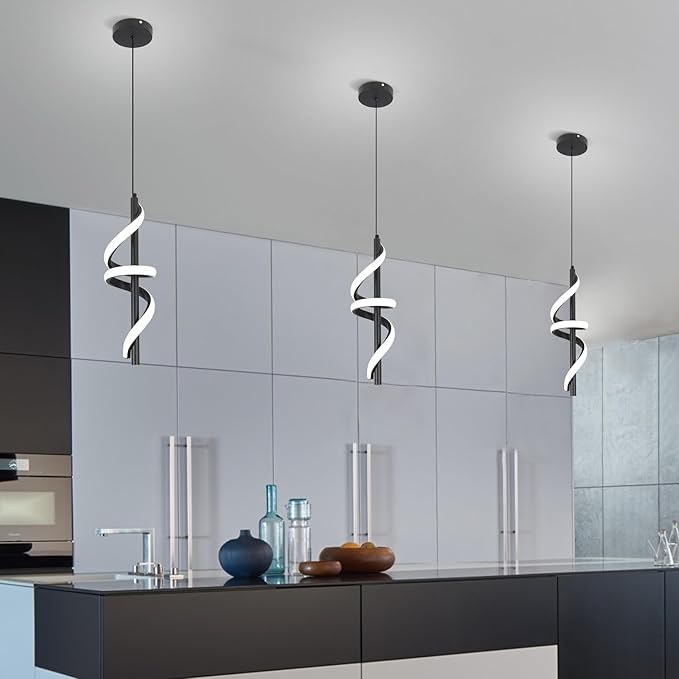 Spiral Led Pendant Light Fixtures, 5500K Cold White Modern Led Pendant Light Kitchen Island, Adjustable Height Kitchen Island Lights Fixtures for Dining Room Kitchen Bedroom Sink