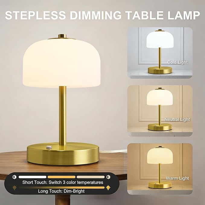 Oneach 9" Touch Control Gold Table Lamp with USB A+C Charging Ports, Dimmable LED Bedside Lamp with 3 Color Temperatures, Small Modern Table Lamps for Bedroom Nightstand Living Room
