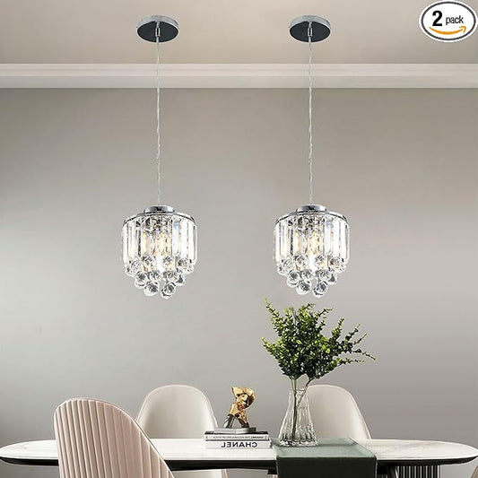 TFCFL 2 Pcs Chrome Crystal Ceiling Pendant Light, Crystal Beads Ceiling Hanging Light Fixture Pendant Light Lamp Chandelier Adjustable Height for Kitchen Island Dining Room Dining Hall
