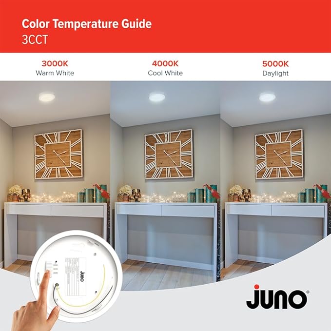Juno Slim Basics 4 Inch LED Ceiling Light, Low Profile Surface Mount Downlight for Shower or Closet Lighting, 3000K/4000K/5000K Selectable White Light, Edged Trim, Wet Rated, Matte White, 6 Pack