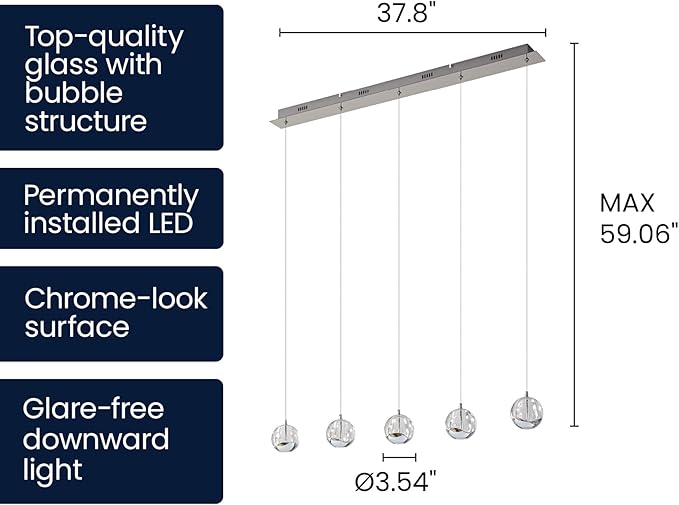 37.8" LED Linear Pendant Light Fixtures, 5-Light Chrome Linear Chandelier Bubble Glass Globes, LED 3000K Warm White, Modern Island Lights for Kitchen Living Room Ceiling Hanging, Hardwired