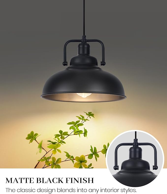 Black Farmhouse Pendant Light 2pack, 11.4in Vintage Kitchen Pendant Light Fixture, Adjustable Height, Modern Pendant Lighting, Metal Pendant Lights for Kitchen Island, Dining Room E26 Base