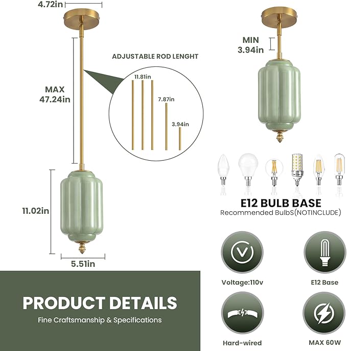 Vintage Green Glass Pendant Lights 5.5 Inch Mid Century Brass Hanging Ceiling Light, Small Adjustable Height Kitchen Island Hanging Lights for Dining Room, Kitchen, Hallway and Bedroom, E12 Base