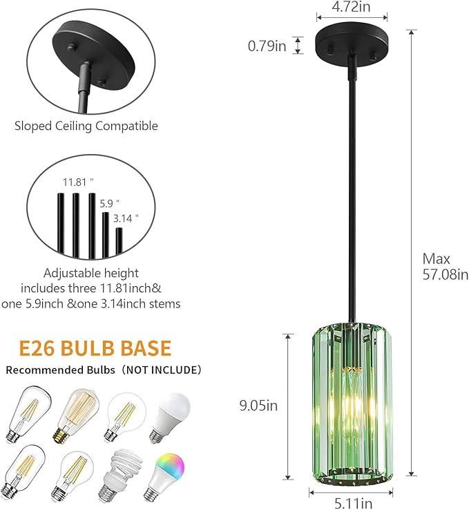 Modern Crystal Pendant Light Mini Light Green Chandeliers Adjustable Pendant Lights Fixture for Kitchen Island Dinning Room Corridor Bedroom(Light Green 1-Pack)