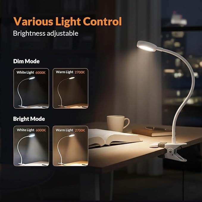 LEPOWER Clip on Light/Reading Lights/Book Light Color Changeable/Night Lights Clip on for Desk, Bed Headboard and Computers, Adapter Included (White)