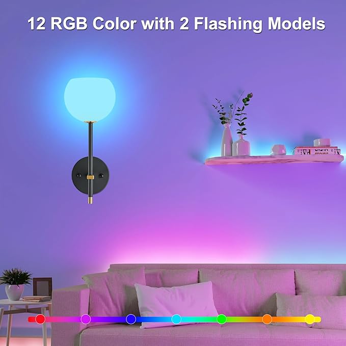 Black Gold Battery Operated Wall Sconces Set of 2, Rechargeable Wireless Wall Lights with Milky White Frosted Glass, 12 RGB and 3CCT Dimmable, Wall Lamps with Remote for Bedroom Living Room Hallway