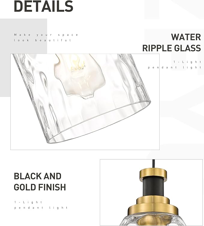 zeyu 2 Pack Modern Kitchen Pendant Lighting Over Island, Hanging Light Fixture for Dining Room, Water Ripple Glass Shade, Black and Gold Finish, ZG33M1L-2L BK+BG-WG