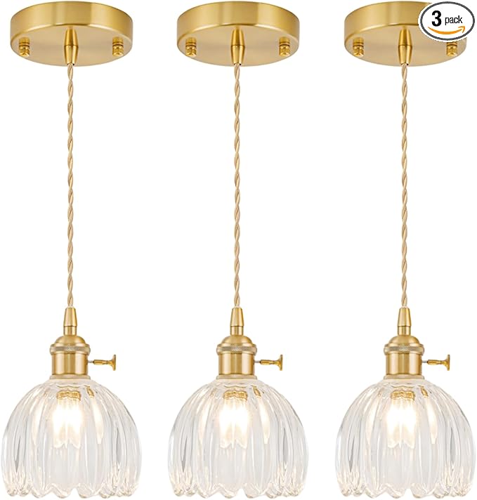 Mini Pendant Lights Kitchen island 3 Pack, Small Adjustable Pendant Light Fixture with Transparent Tulip Glass Lampshade, Vintage Gold Pendant Lighting, Pendant Light for Bedroom Dining Room Hallway