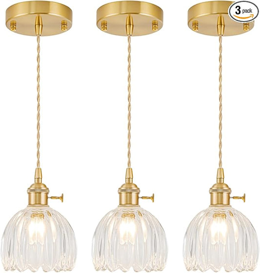 Mini Pendant Lights Kitchen island 3 Pack, Small Adjustable Pendant Light Fixture with Transparent Tulip Glass Lampshade, Vintage Gold Pendant Lighting, Pendant Light for Bedroom Dining Room Hallway
