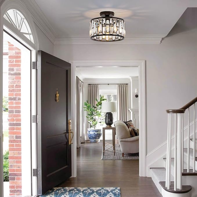 Crystal Ceiling Light Fixture - Modern Semi Flush Mount Chandelier with Crystals for Bathroom Bedroom Entryway Hallway Closet 1 Light 11.6" Diameter