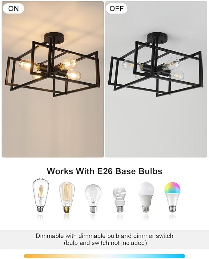 WILON Black Ceiling Light Fixture, Modern Square Semi Flush Chandelier Ceiling Lamp for Kitchen Dining Room Bedroom Laundry Room Living Room (4 Lights)