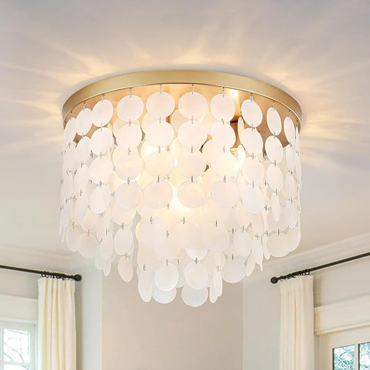 17.72" Capiz Shell Ceiling Light Fixtures, 5 Light Boho Shells Flush Mount Ceiling Light for Bedroom, Hallway, Entryway, Bathroom, Brushed Brass