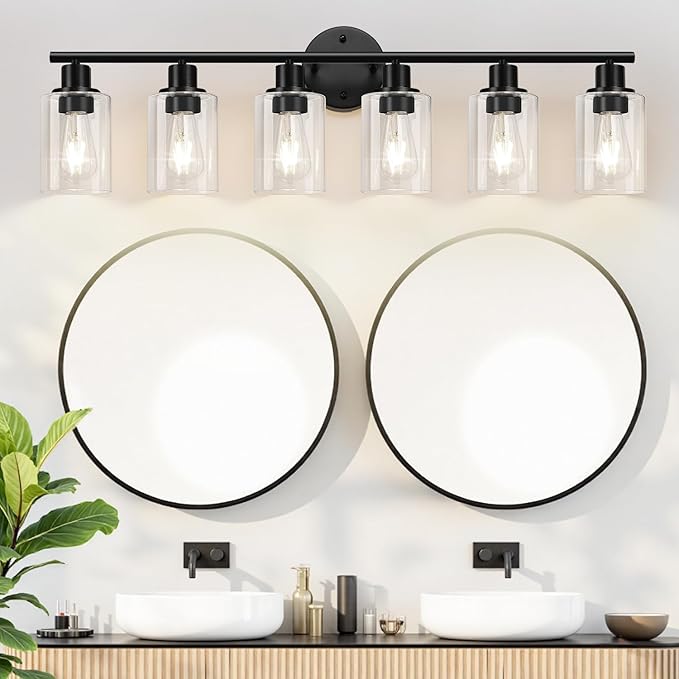 Zarbitta 6-Light Bathroom Light Fixtures, Black Modern Vanity Lights with Clear Glass Shade, Bathroom Wall Lamp for Mirror Kitchen Living Room Hallway Cabinet Porch