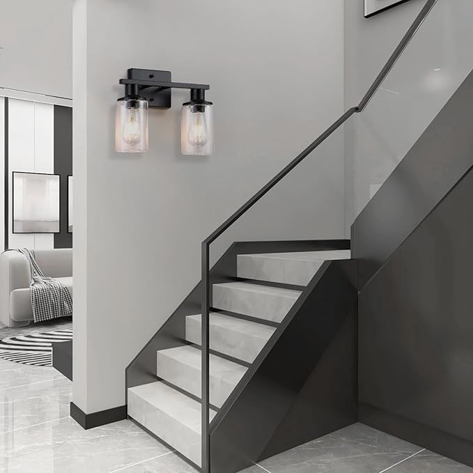 2-Light Matte Black Bathroom Vanity Light,Bathroom Light Fixtures Over Mirror with Clear Glass Shade,Modern Farmhouse Wall Sconces Lighting for Kitchen Living Room Cabinet