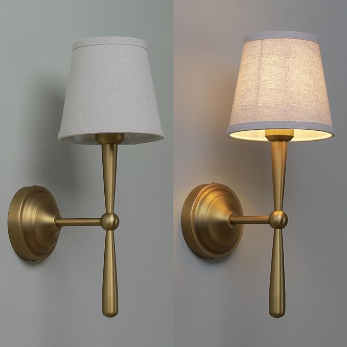 Sconces Wall Lighting Set of Two with Boho Linen Fabric Shade, E26 Aged Brass Vanity Bathroom Wall Lamps, Hardwired Indoor Wall Lights for Living Room Bedside Nightstand Light