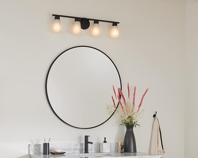 Kichler Stamos 3-Light Bathroom Vanity Light Fixture with Satin Etched Glass Shades, 22 in Modern Wall Light in Black for over Mirror (22 in x 5 in x 8 in), 52608BK