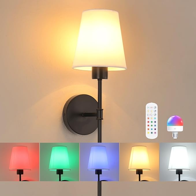 Shenmoyl Battery Operated Wall Sconce, 120H Usage Time 22.6" Rechargeable Wall Light with Dimmable Bulb, 12 Colors Wall Sconce for Bedroom Living Room, Black