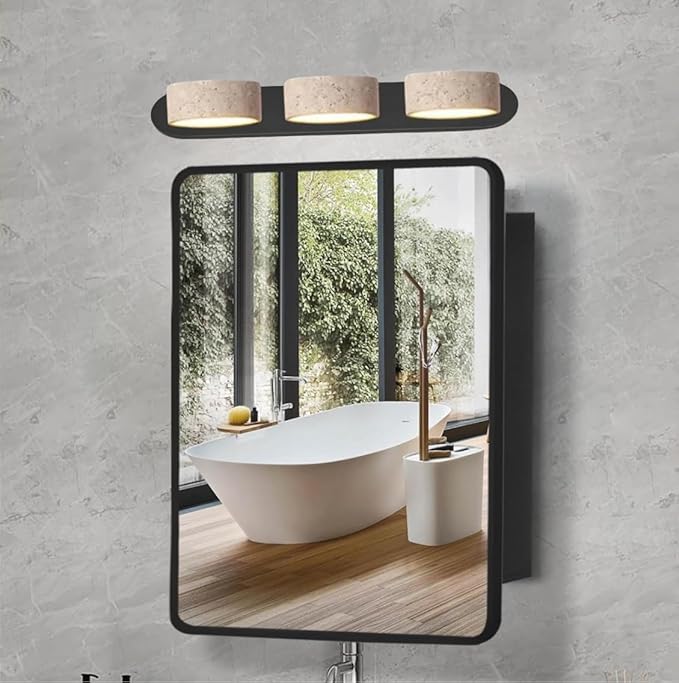 Natural Stone Vanity Light Black Farmhouse Bathroom Light Fixtures Nordic Style Travertine Shade Linear Bathroom Wall Sconce Metal 3 Lights Rotatable LED Wall Light Over Mirror