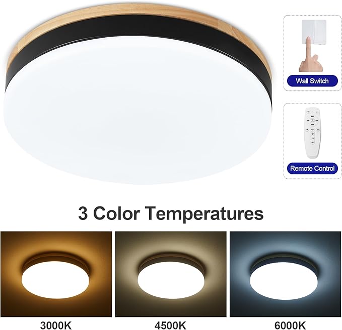 Dimmable Wood LED Flush Mount Ceiling Light with Remote, 24W 3CCT 3000K-6500K Adjustable Close to Ceiling Light Fixture, 11.8inch Black Round Ceiling Lamp for Kitchen, Bedroom, Living Room