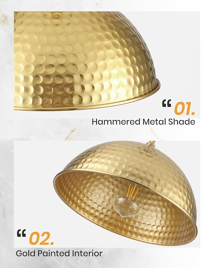Gold Pendant Lights Kitchen Island 12 Inch, Vintage Hammered Pendant Light Fixtures Adjustable Height Dome Pendant Light for Dining Room Bedroom Bar