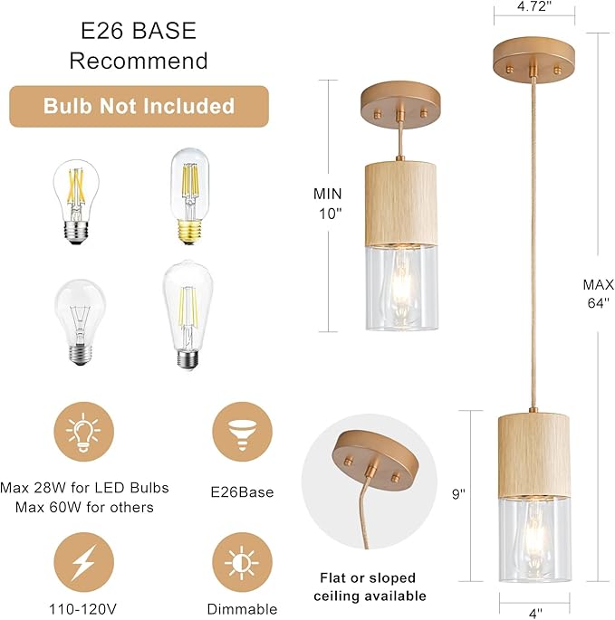 2-Pack Gold Pendant Light Fixtures, Adjustable Modern Pendant Lights for Kitchen Island, Industrial Clear Glass Pendant Lights for Dining Table Hallway Bedroom Living Room