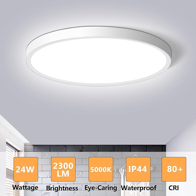 CHARYJOD LED Flush Mount Ceiling Light Fixture 12Inch, 24W Flat Light,5000K Ultra Thin Surface Panel Low Profile for Bedroom Kitchen Bathroom Garage Living Room, White (DC-CJ-0030-24W-50K)