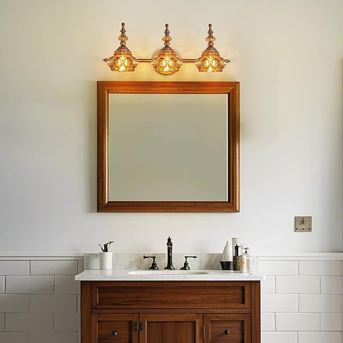 Vintage Bathroom Vanity Light Fixtures, 3-Light Brass Vanity Wall Light Over Mirror with Amber Glass Shade for Bathroom Bedroom Living Room