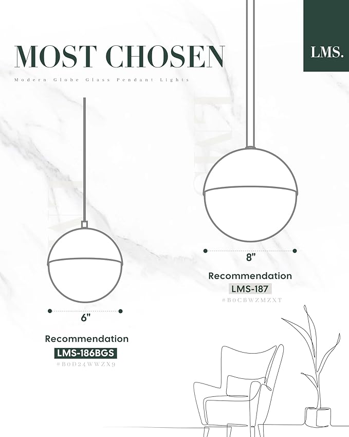 LMS 8-inch Black Pendant Lights Kitchen Island, Modern Globe Pendant Light with Frosted Glass, Contemporary Mid Century Hanging Light Fixture for Kitchen Island Sink Bedroom Bathroom, LMS-186
