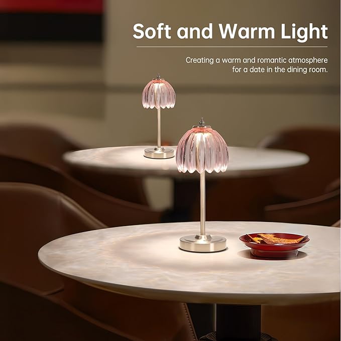Shenmoyl Tulip Table Lamp with 5200mAh Battery & Touch Control, Cordless Small Table Lamp with 3 Colors, Dimmable Rechargeable Table Lamps for Living Room, Bedroom, Desk, Bedside (Clear Pink Tulip)