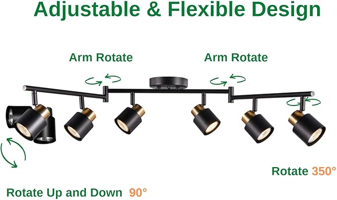 6 Light Foldable Track Lighting Kit, Matt Black Brass Finish Adjustable with Moden Flush Mount Ceiling Spotlight for Kitchen,Dining,Living Room,Home Improvement