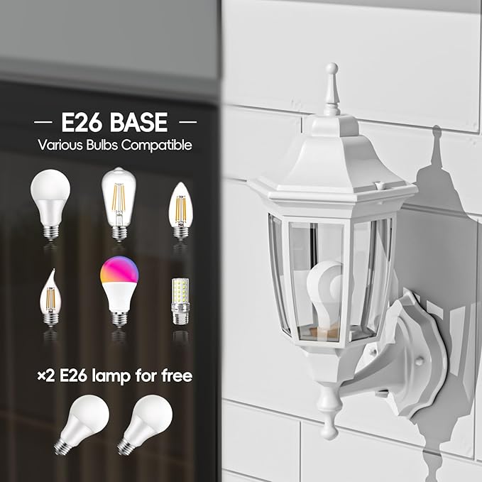 EMART Dusk to Dawn Outdoor Porch Light, Exterior Anti-Corrosion, Waterproof Aluminum & Glass Shades Wall Lamp Fixture, Modern Sconce Lantern for Yard, House, Garage - 2 Pack, White （Bulb Included）