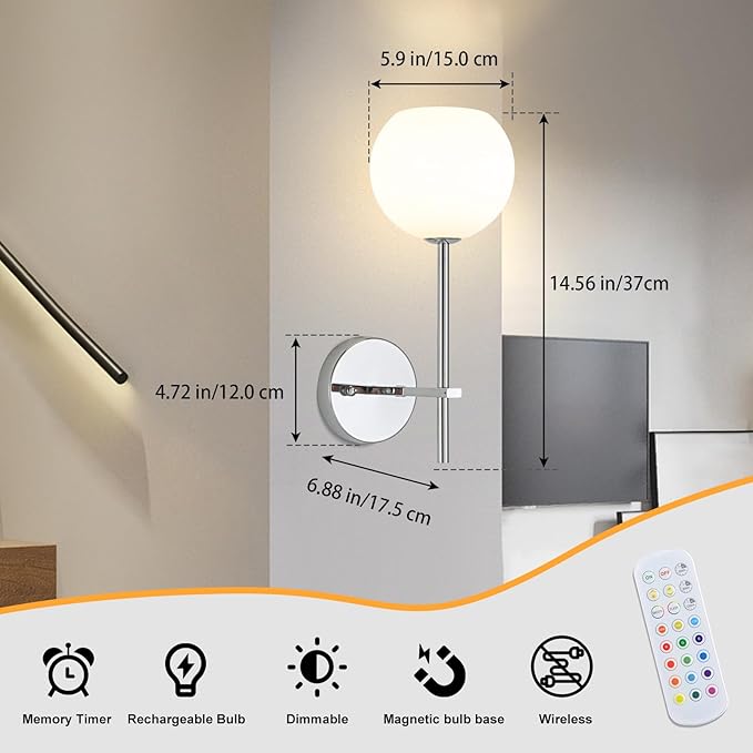 Chrome Battery Operated Wall Sconces Set of 2, Rechargeable Wireless Wall Lights with Milky White Frosted Glass, 12 RGB and 3CCT Dimmable, Wall Lamps with Remote for Bedroom Living Room Hallway