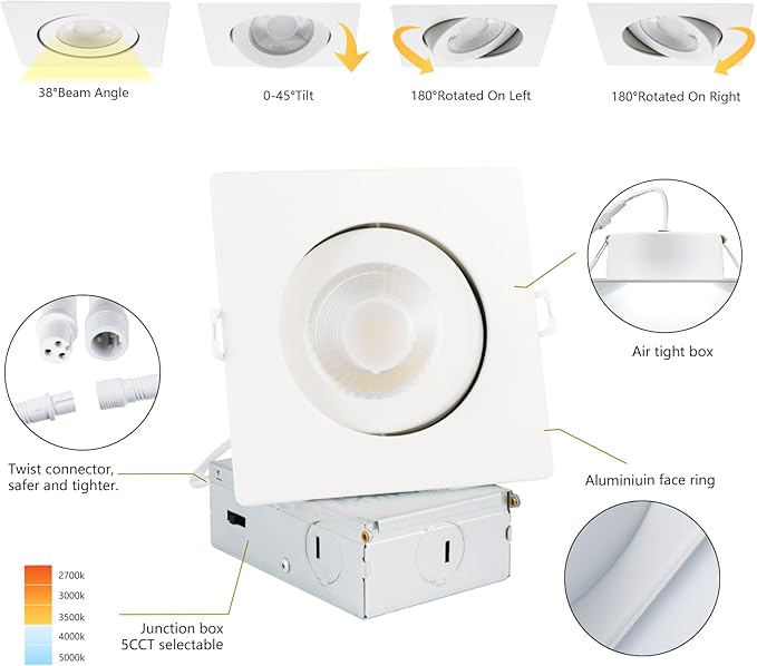 KnLnny Ware Square Gimbal Recessed Lighting 4 Inch 6 Pack,Eyeball Led Lights with Junction Box,5CCT Selectable,9W 750LM,Dimmable