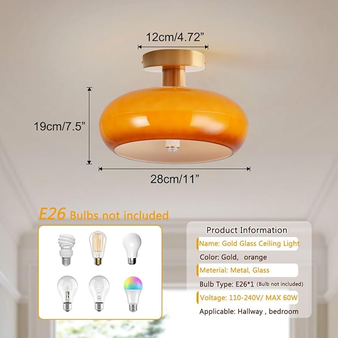 Modern Glass Flush Mount Ceiling Light, Orange Gold Mid Century Hallway Light Fixtures, Vintage Glass Ceiling Lamp, Brushed Brass Dining Room Light Fixture