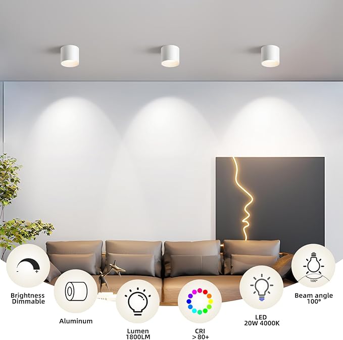 OKELI White Hallway Flush Mount Ceiling Light Fixtures for Kitchen Entryway, Modern LED Dimmable Close to Ceiling Lighting, 4.6'' Cylinder Ceiling Lamps for Dining Room Living Room, 20W 4000K 3 Pack