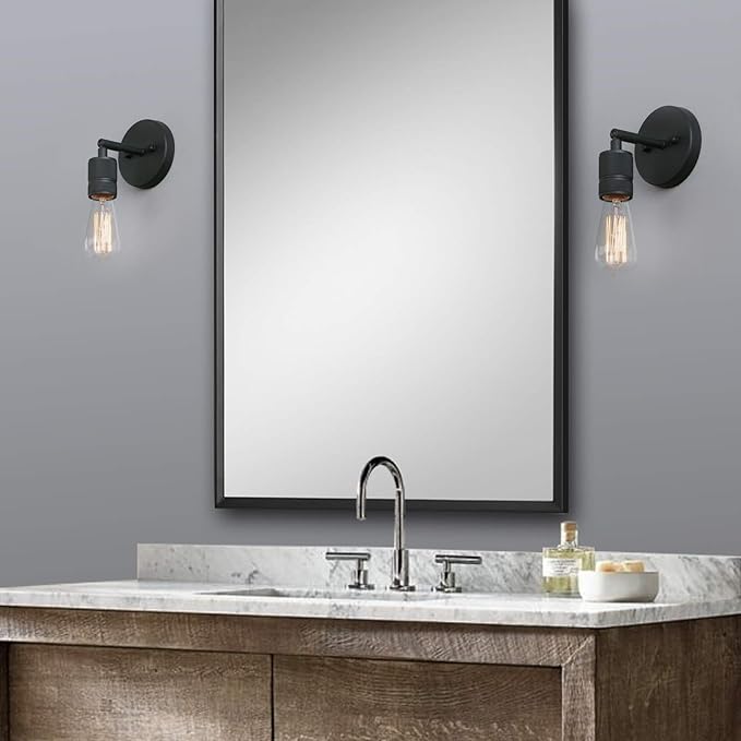 Phansthy 2 Pack Vintage Single Sconce Light Matte Black Simple Industrial Bathroom Wall Sconces, Set of 2 Wall Mount Lighting Fixture (Color: Black)