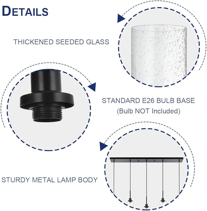 TODOLUZ 5-Lights Pendant Light Fixtures, Kitchen Island Lighting with Adjustable Cord, Hanging Ceiling Lamp Seeded Glass for Dining Room Pool Table