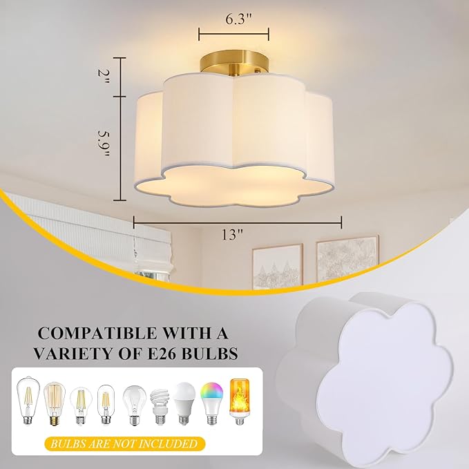 Semi Flush Mount Ceiling Light, 13" Ceiling Light Fixture with Flower-Shaped Fabric Shade, 3-Light Modern Ceiling Lighting Fixture for Bedroom Living Room Nursery Hallway, White Shade