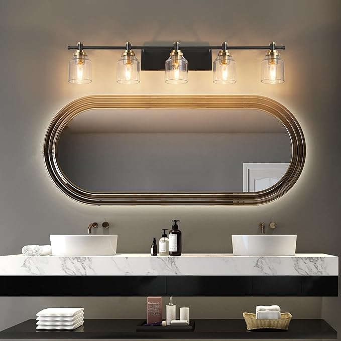 SOLFART 5-Light Bathroom Light Fixtures Over Mirror Bath Vanity Lights Black Brass Finished Lighting Vintage Globe Lights