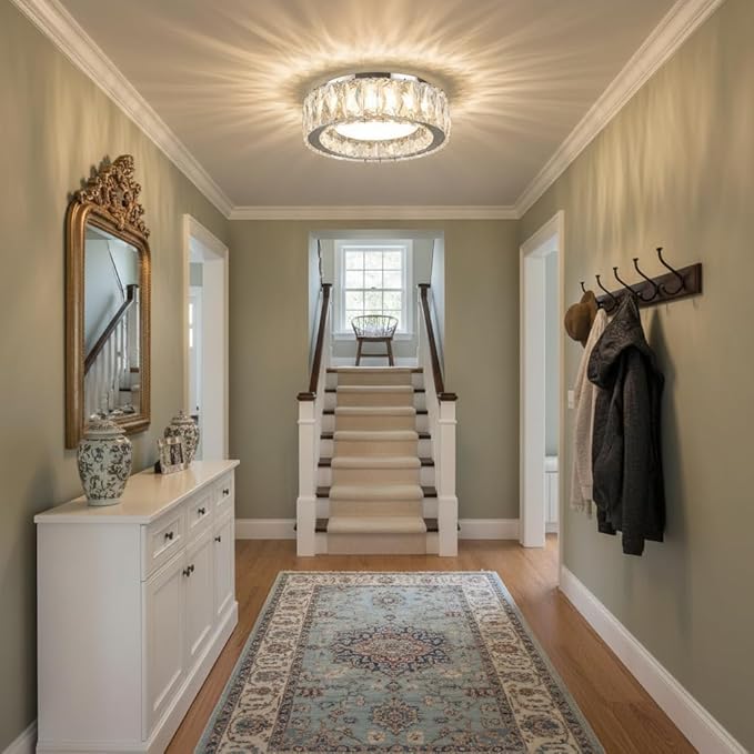 Dimmable Modern Luxury Crystal LED Flush Mount Ceiling Light,11 Inch 24W/5CCT 3000K-6000K Chrome Small Close to Ceiling Lighting Fixtures for Kitchen,Entryway,Laundry Room,Porch,Hallway