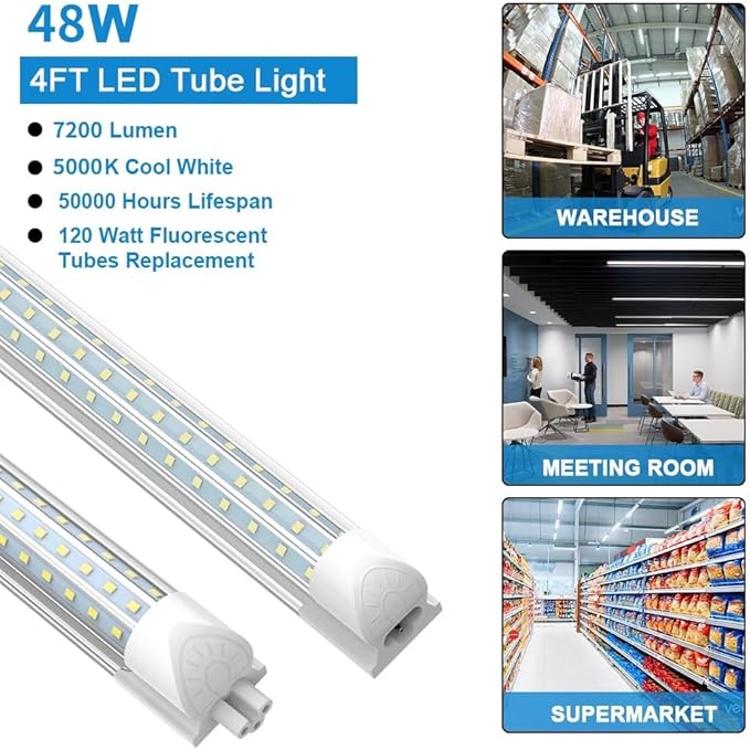 SHOPLED LED Shop Light 4FT, 48W 5000K Daylight White, 7200LM D-Shape 300° Beam Angle, Linkable T8 LED Tube Lights Fixtures, 4 Foot Shop Lights for Workshop Garage Basement, ETL Listed, 4 Pack