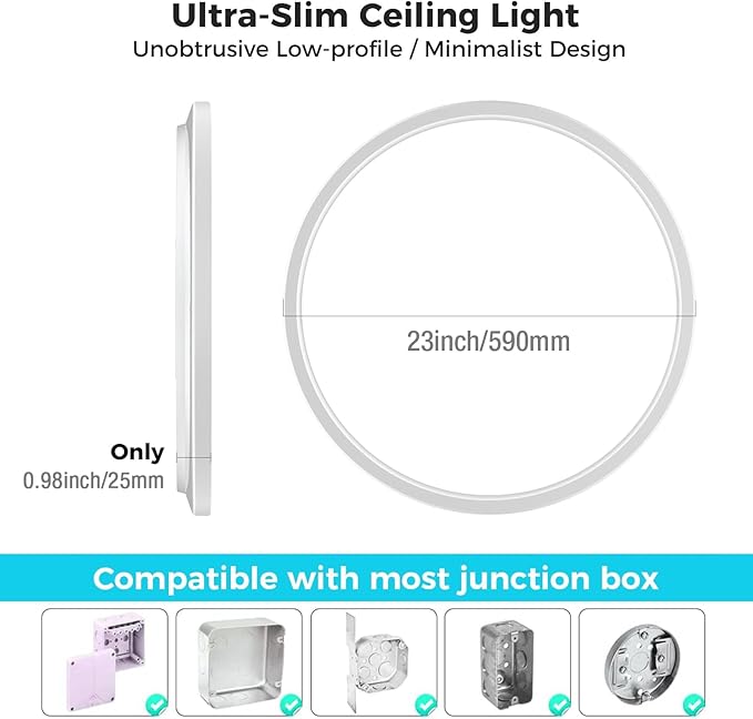 libtit 23 Inch Led Flush Mount Ceiling Light Fixtures,5600lm 56W 3 Color 3000K 4500K 6000K Selectable, Low Profile Thin Surface Mount Lighting Fixture for Bathroom Kitchen Office (White)
