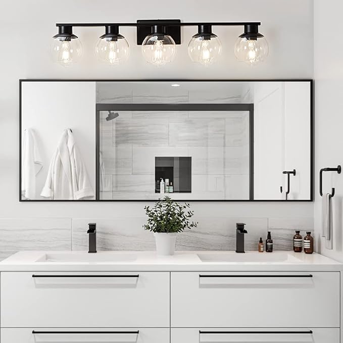 5-Lights Black Bathroom Vanity Lights, Modern Bathroom Lighting Fixtures with Globe Glass Shade, 37in Matte Black Wall lamp for Bath Over Mirror Kitchen Cabinet Bedroom Hallway Living Room Farmhouse