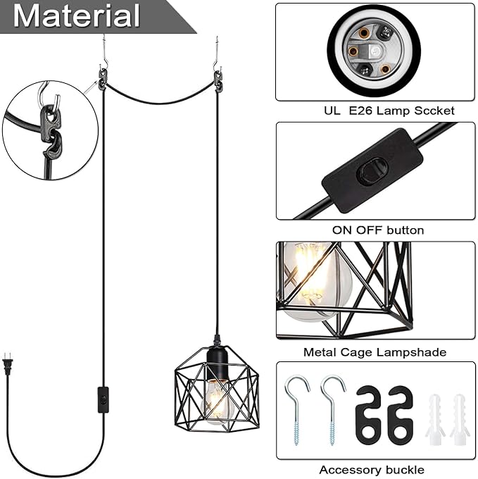 Industrial Plug-in Pendant Light, Black Farmhouse Hanging Ceiling Light, Vintage Metal Cage Wall Mount Lamp, 1-Light Fixture for Kitchen Island, Dining Room, E26 Base (Bulb Not Included)