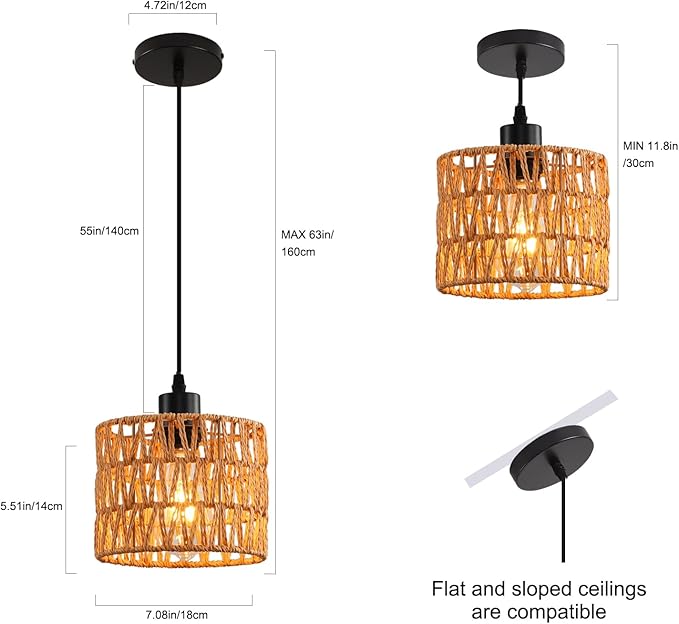 Woven Pendant Light Boho Chandelier, Rattan Pendant Lights Kitchen Island, Farmhouse Pendant Lighting with Hand Woven Wicker Shade, Boho Chandelier Light Fixtures Ceiling Hanging Light